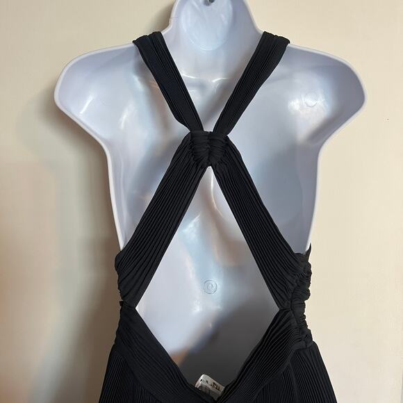 ALC Black Pleated Maxi Dress Gown Womens 4 Halter Open Back Pink Stripe Deep V - Picture 3 of 14